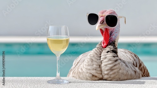 Fototapeta Naklejka Na Ścianę i Meble -  Turkey wearing sunglasses and a wine glass. The turkey is in a pool. Scene is lighthearted and fun