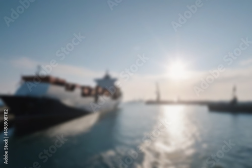 blurry harbor, bright ship harbor, exposed to morning sunlight, large ships are seen docked at the harbor pier, wallpaper, blurry background. photo