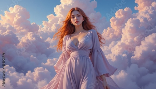 Ethereal Woman in Flowing Dress Surrounded by Dreamy Clouds