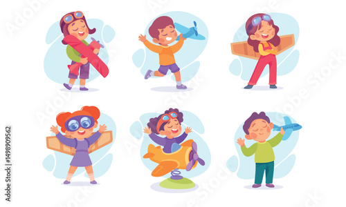 Joyful Children Eagerly Pretending to Soar Through the Air with Creative Accessories and Props