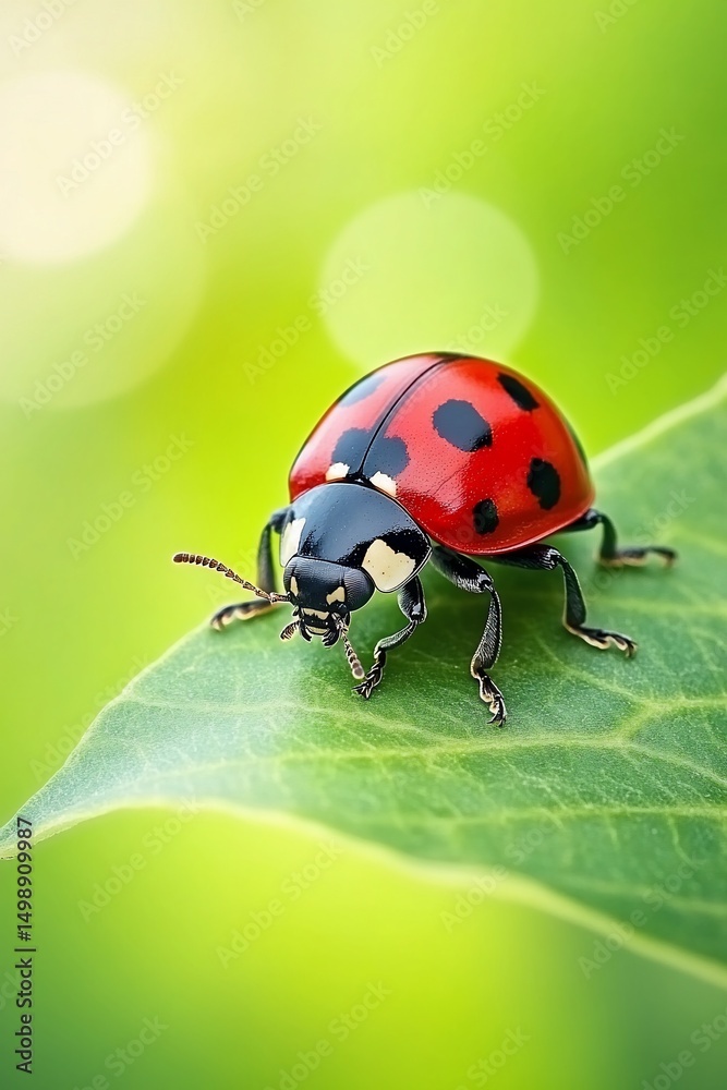 Fototapeta premium A vibrant ladybug rests atop a lush, green leaf in bright, natural sunlight