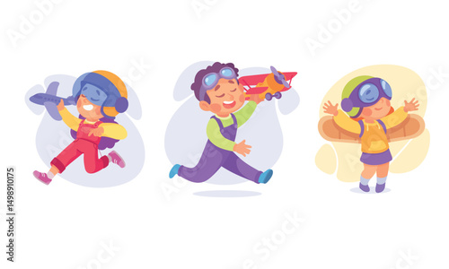 Joyful Children Having Fun Playing with Airplanes While Dressed in Colorful Outfits