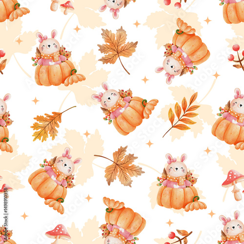 Autumn Bunny in Pumpkin Seamless Pattern with Fall Leaves and Mushrooms, Cute Watercolor Woodland Design
