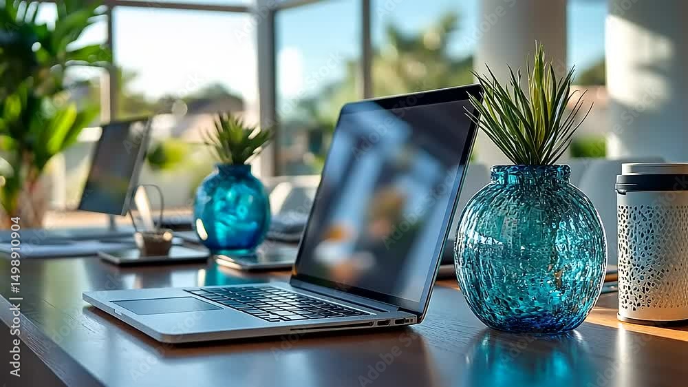 Modern Workplace: Laptop, Vase, and Natural Light in a Bright Open Office Space