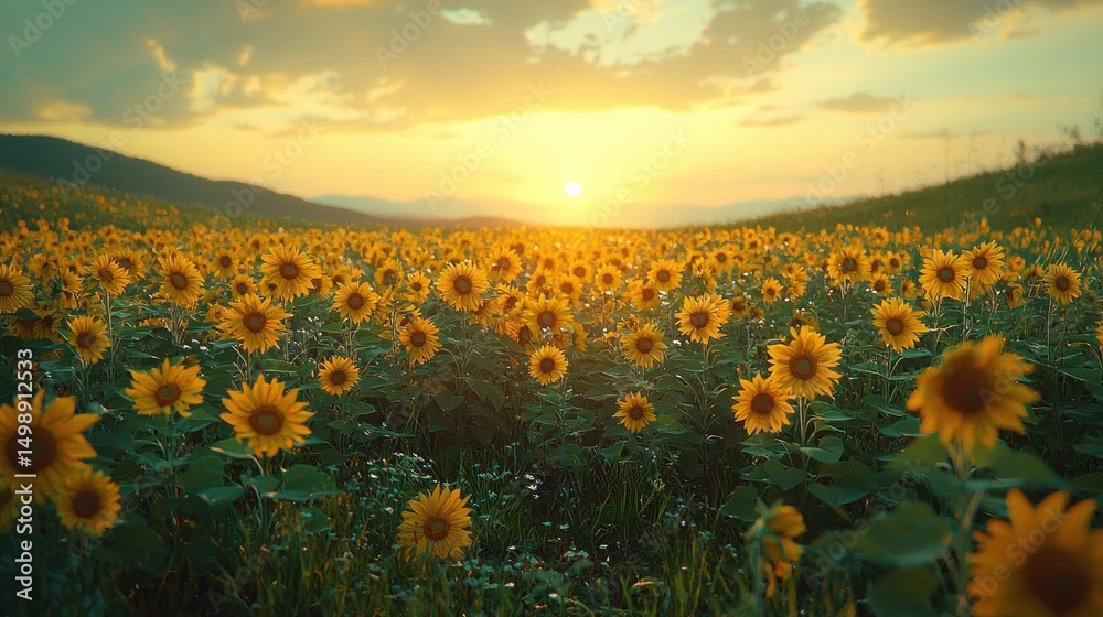 Fototapeta premium Sunflower field at sunset over rolling hills