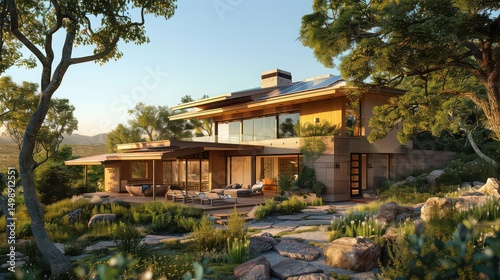 A modern house with a wooden exterior and large windows surrounded by lush greenery and trees outdoors
