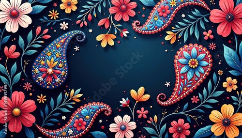 Intricate paisley floral pattern in vibrant hues, visual, bloom, paisley