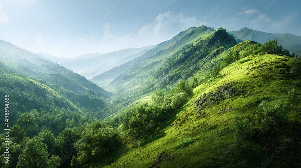 Fototapeta premium Sunlit Canopy Over Lush Green Hills with Smooth Terrain
