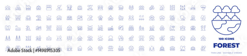 100 Forest Icons Collection. Thin line icon. Editable stroke. tree, rainforest, pine, forest, trees, pines, wildfire, pico cao, landscape, ecology, woodland, mountain, photosynthesis
