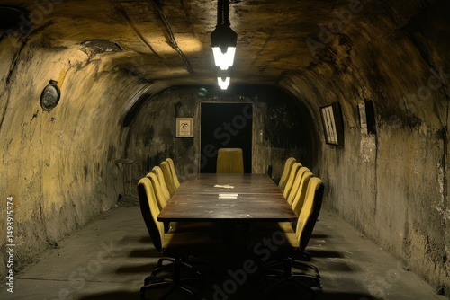 Clandestine meeting occurring in a dimly lit underground bunker with an elongated conference table and worn seating during a concealed gathering