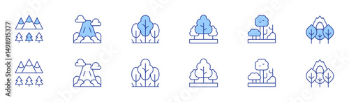 Forest icon set in two styles, Duotone and Thin Line style. Editable stroke. forest, trees, mountain, forest fire