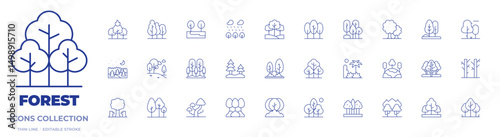 Forest icons collection. Thin Line icons, editable stroke. forest, trees, tree, wildfire, forest fire, deforestation, woods, rainforest, green planet, nature