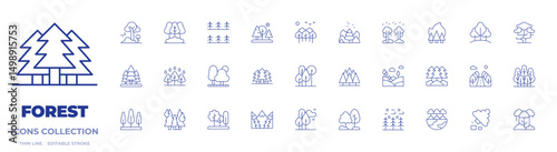 Forest icons collection. Thin Line icons, editable stroke. tree, deforestation, trees, rainforest, pine, landscape, burning, forest, nature, road, pines, wildfire
