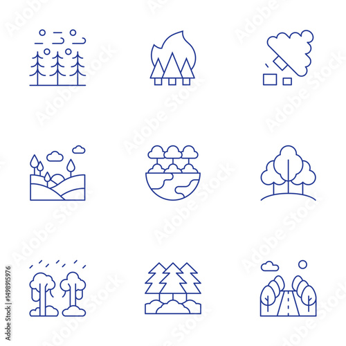Forest icons set. Thin Line style, editable stroke. deforestation, rainforest, landscape, forest, road, wildfire