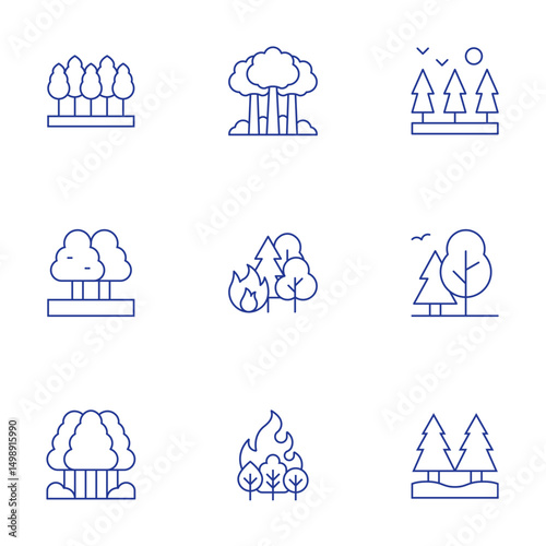 Forest icons set. Thin Line style, editable stroke. forest, forest fire, wildfire
