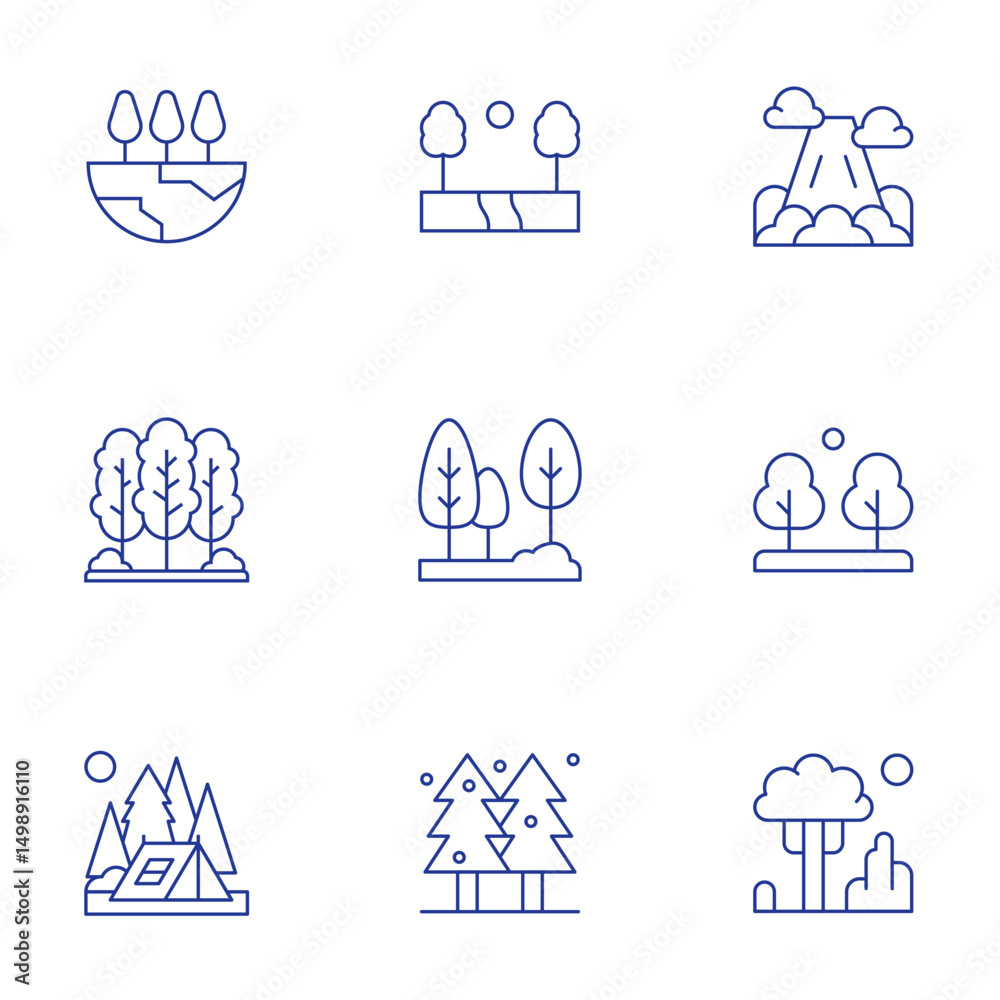 Naklejka premium Forest icons set. Thin Line style, editable stroke. mountain, tree, forest, nature, tent, pine tree