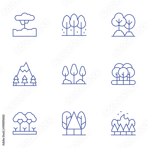 Forest icons set. Thin Line style, editable stroke. tree, mountain, forest
