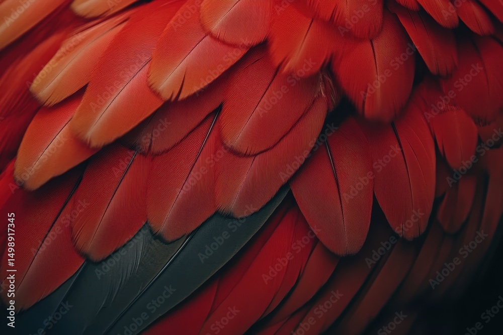 Obraz premium Close up of vibrant feathers from a Scarlet macaw showcasing intricate textures and vivid red coloration in a natural habitat setting