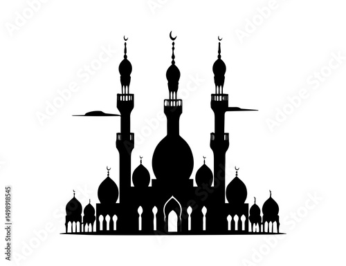 Minimal black silhouette of mosque with dome and minaret. Traditional Islamic style. Vector clean art. EPS format included.