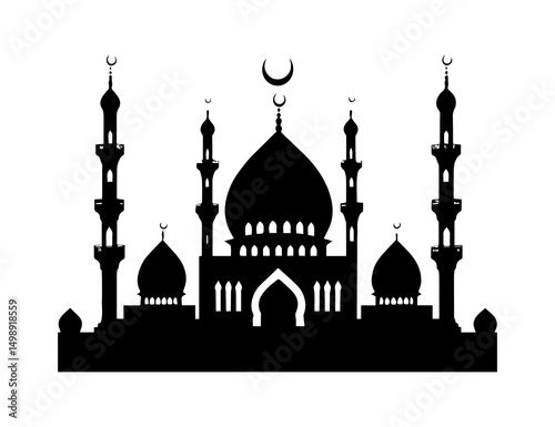Minimal black silhouette of mosque with dome and minaret. Traditional Islamic style. Vector clean art. EPS format included.