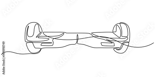 Disegno hoverboard continuous one line drawing, Gyroboard, gyroscooter one line art. Continuous line drawing of sport, transportation, speed, balance, electric, roller, hobby, mobile, teenager.