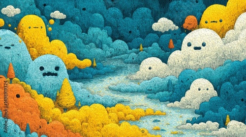 Whimsical landscape of textured clouds and creatures.  A vibrant mix of  shapes and colors