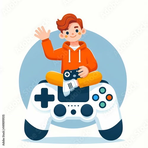 A young gamer sitting on a large gamepad, enthusiastically embracing digital play