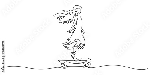 Electric Transport with Woman Character Ride Hoverboard Vector Illustration continuous one line drawing, Line Art Illustration: Young Woman on a Self-Balancing Scooter.