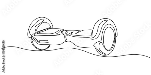 Disegno hoverboard continuous one line drawing, Gyroboard, gyroscooter one line art. Continuous line drawing of sport, transportation, speed, balance, electric, roller, hobby, mobile, teenager.