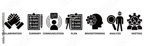 Brief icon set illustration contain collaboration, summary, communication, plan, brainstorming, analysis and meeting.