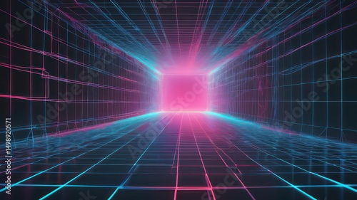 Futuristic Wireframe Tunnel with Glowing End Point Creating a Technological and Abstract Perspective