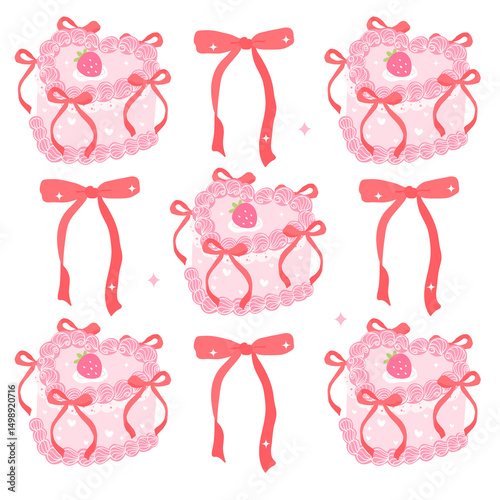 Strawberry Heart Cake and Ribbon, Coquette Pink Dessert with Cute Bow in Kawaii Pastel Style