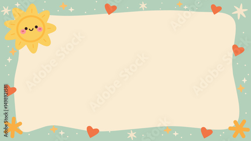 Adorable pastel frame background with a smiling sun, hearts, and stars in kawaii cartoon style. Perfect for kids invitations, nursery designs, greeting cards, or baby announcements.