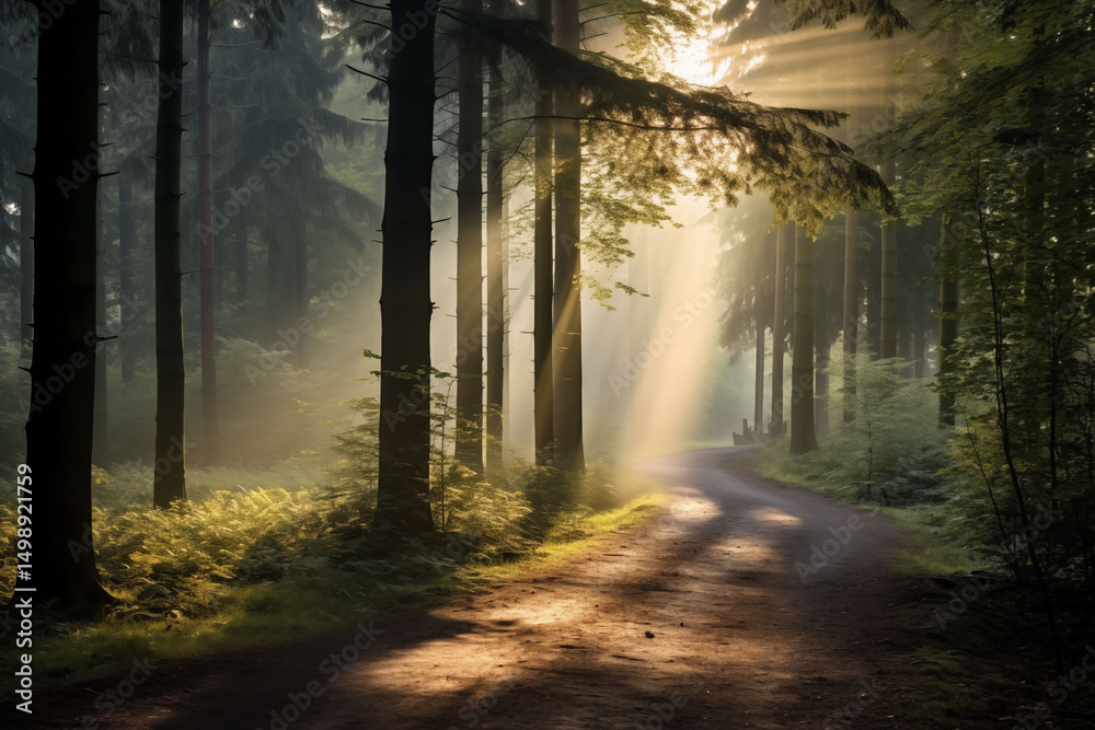Fototapeta premium A path through the forest where sunlight shines through
