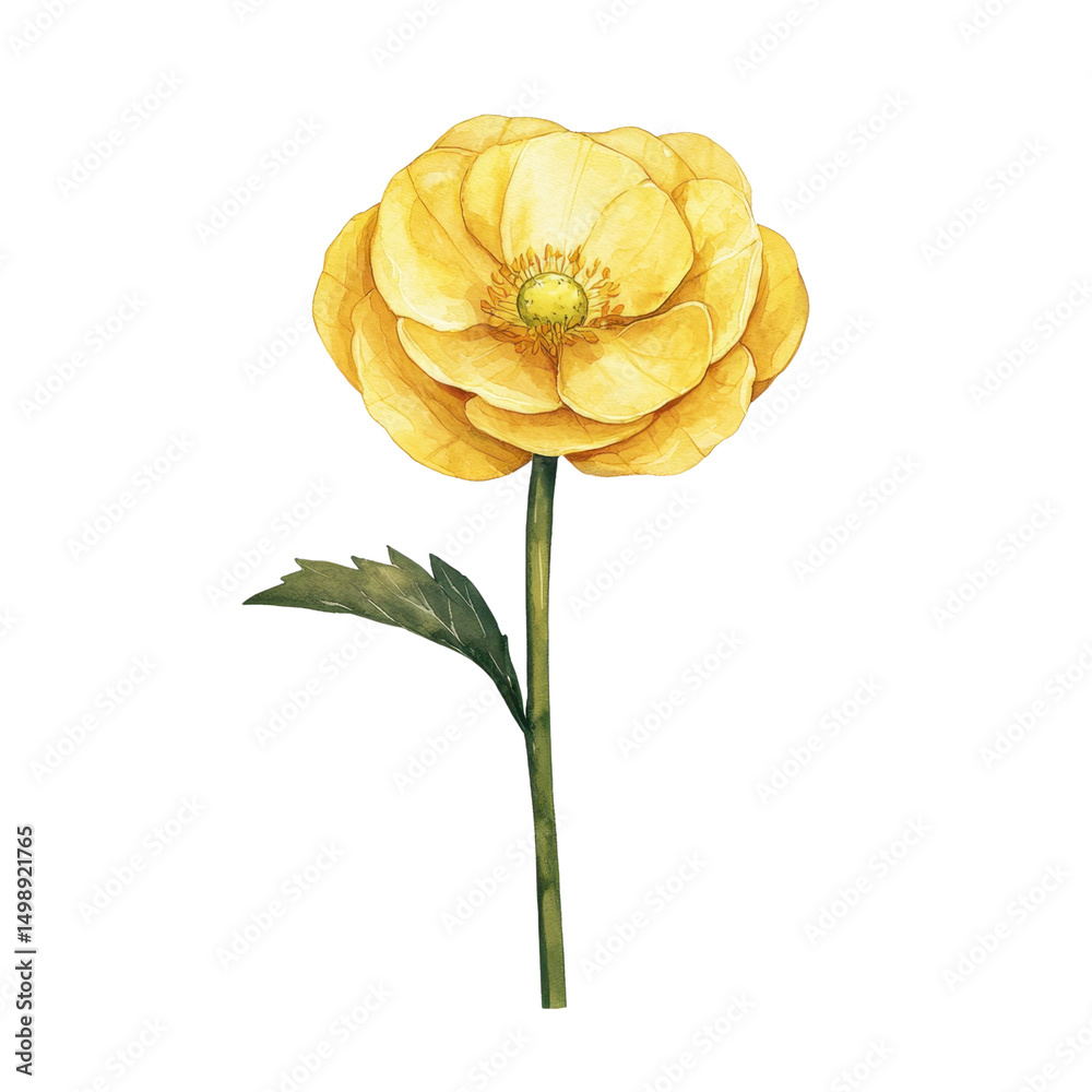Naklejka premium Vibrant Yellow Flower with Green Leaves on a White Background