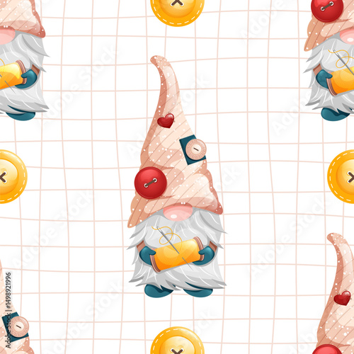 Seamless pattern striped, with tailor, buttons and little hearts. Repetitive pattern of cute gnome with sewing thread and needle. Vector illustration.