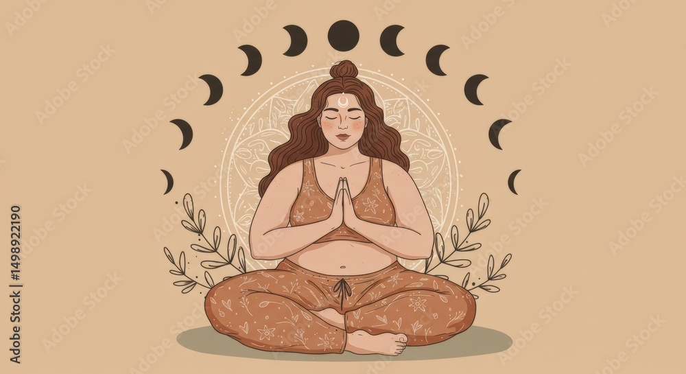 Obraz premium Peaceful Plus-Size Woman in Yoga Pose with Mandala and Nature Elements 
