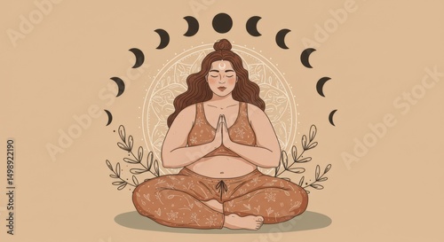 Peaceful Plus-Size Woman in Yoga Pose with Mandala and Nature Elements

