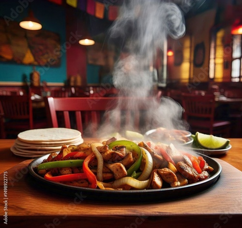 A sizzling plate of chicken fajitas with peppers onions and tortillas in a restaurant setting