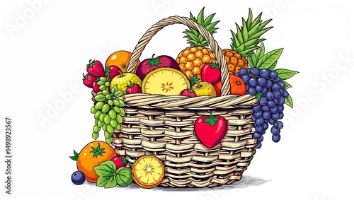 Vibrant illustration of assorted organic fruits in a woven basket, hand-drawn style, white background, ideal for health and food themes