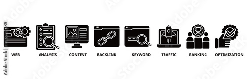 SEO icon set illustration contain WEB, analysis, content, backlink, keyword, traffic, ranking and optimization.