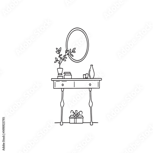 Elegant entryway table line art home decor illustration