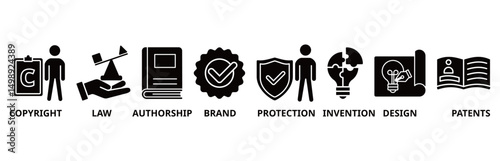 Intellectual property icon set illustration contain copyright, law, authorship, brand, protection, invention, design and patents.
