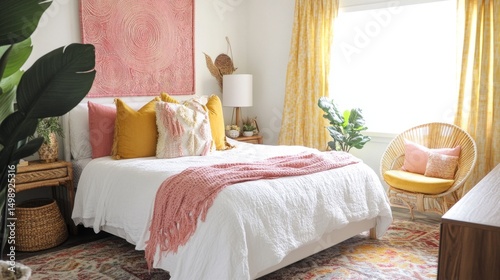 Bright bedroom with white bed, coral-pink throw, yellow pillows, woven wall art, large pink abstract piece, leafy plant, yellow chair and lamp, warm curtains, and patterned rug