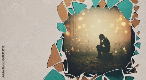 Person sitting sadly in a mystical forest scene, viewed through a broken wall, with copy space