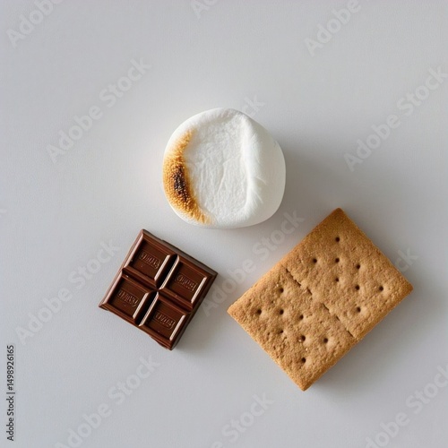 Overhead view of a toasted marshmallow, chocolate square and graham cracker on a white surface