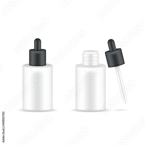 Set of realistic cosmetic dropper bottles on white background