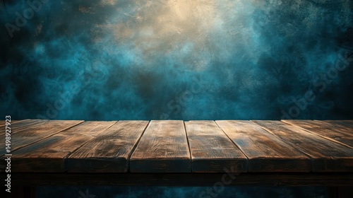 Rustic wooden table against a teal smokey backdrop, perfect for displays
