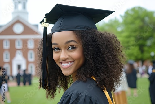 Smiling graduate in academic regalia at commencement ceremony.