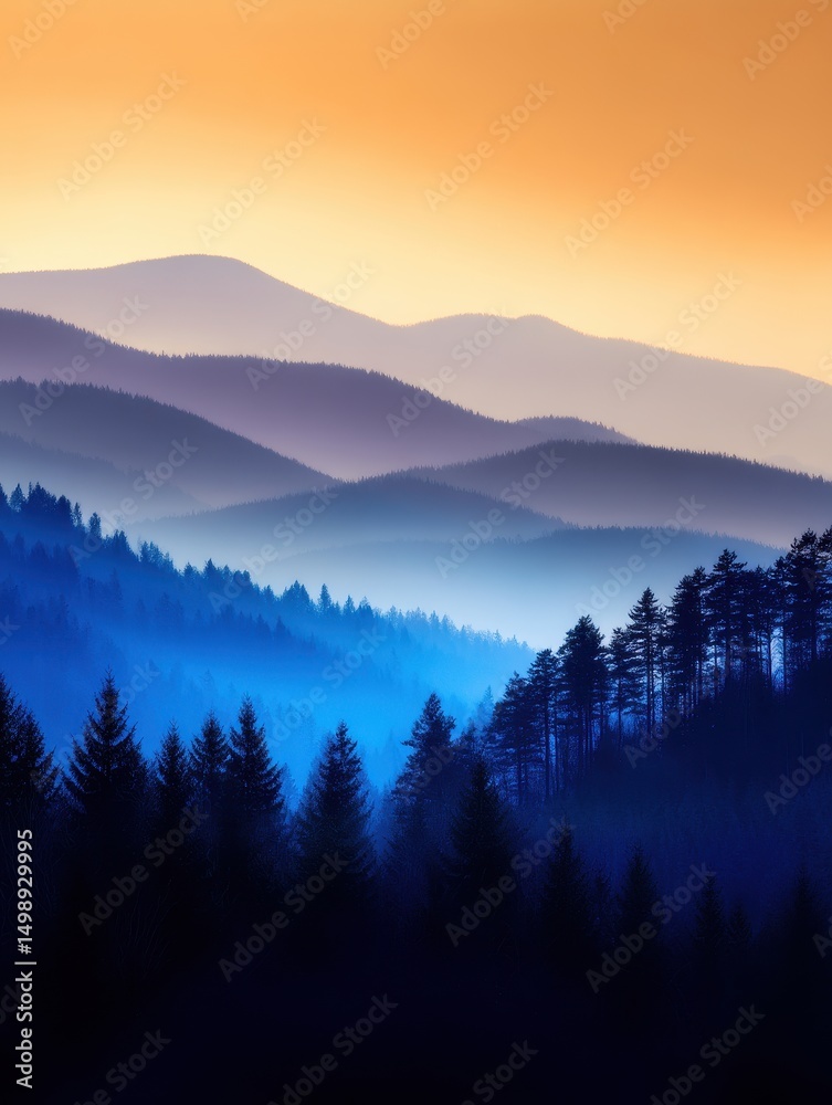 Obraz premium Serene mountain landscape at sunset with layered hills and silhouetted trees in the foreground